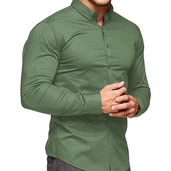 URRU Men's Muscle Dress Shirts Slim Fit Stretch Long Sleeve Casual Large Green - Picture 1 of 7
